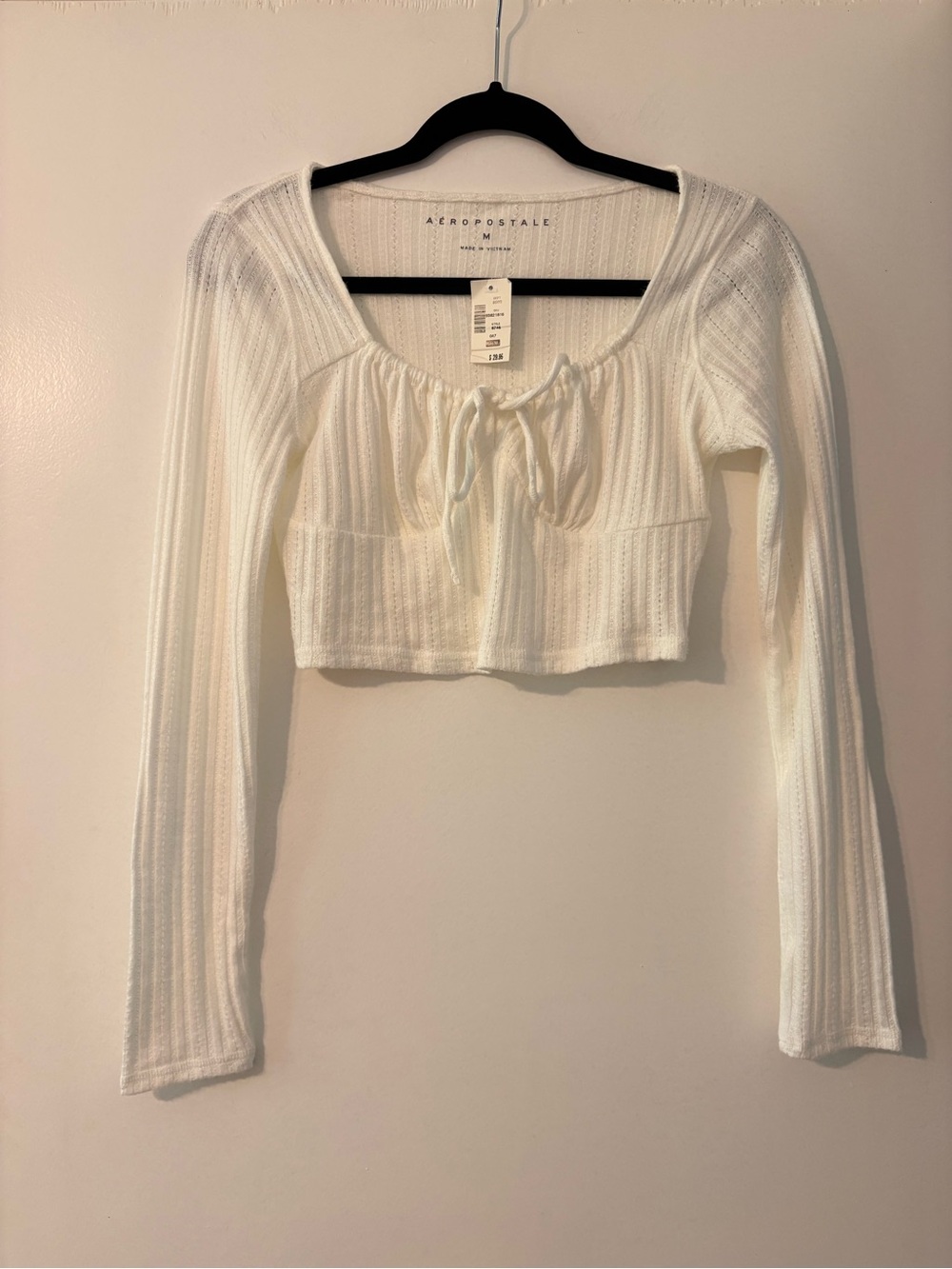 Aeropostale White Ribbed Long Sleeve Cropped Tie-Front Top